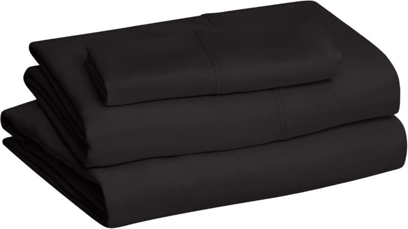 Amazon Basics Lightweight Super Soft Easy Care Microfiber 4-Piece Bed Sheet Set with 14-Inch Deep Pockets, Queen, Black, Solid