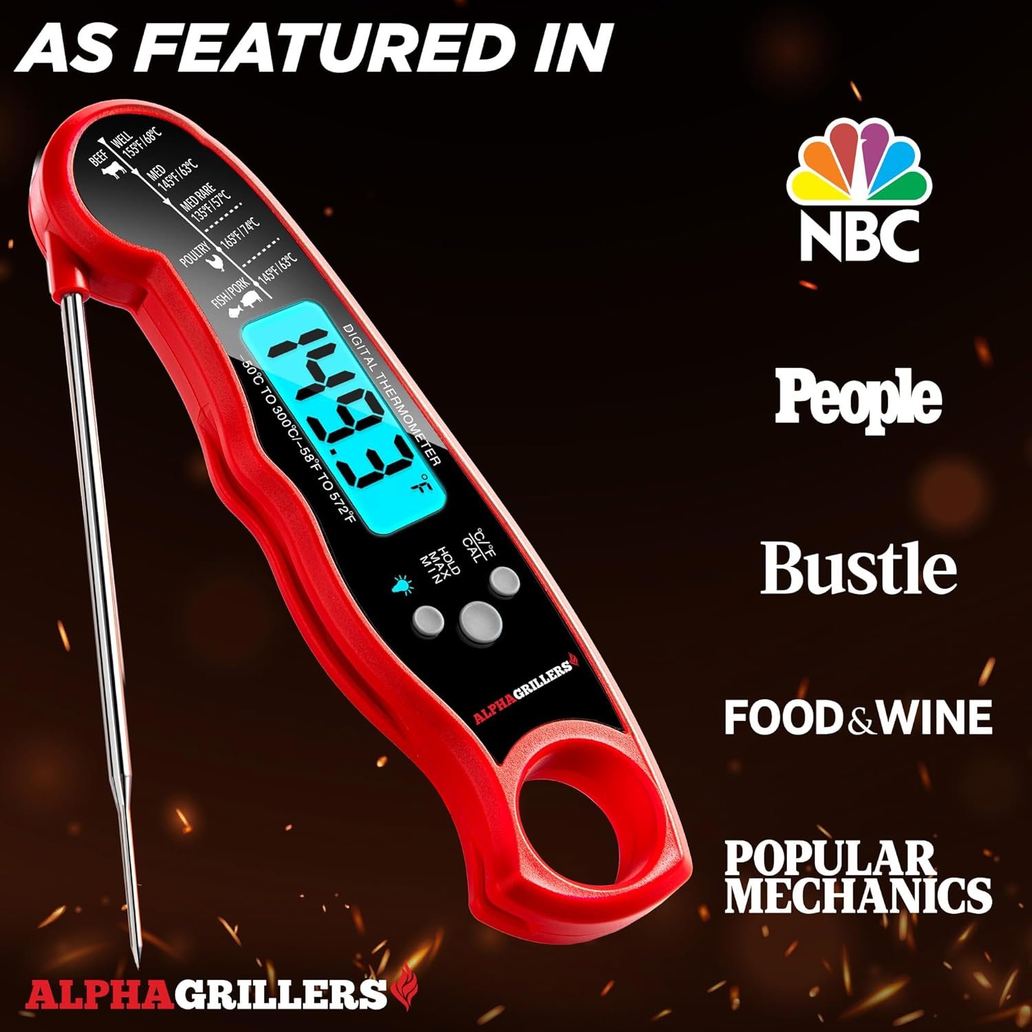 Alpha Grillers Instant Read Meat Thermometer for Cooking Grill and BBQ Griddle - Waterproof w/Backlight & Calibration for Food, Oven, Air Fryer Accessories, Kitchen Essentials, Stocking Stuffer Gifts