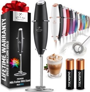 Zulay Kitchen Powerful Milk Frother Wand With 2 Duracell Batteries - Ultra Fast Handheld Drink Mixer - Electric Whisk Foam Maker for Coffee, Lattes, Cappuccino, Matcha, Hot Chocolate & Creamer - Black